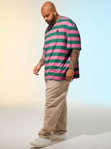 EASEVO 大码男士彩色针织休闲宽松趣味条纹落肩圆领短袖 T 恤，适合夏季外出 - 彩色 - 查看 7