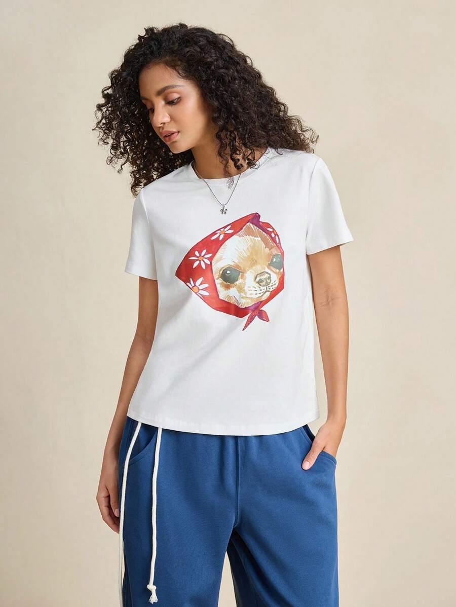 INAWLY Áo thun cổ tròn tay ngắn in hình chó đơn giản, giản dị dành cho nữ, thích hợp mặc vào mùa hè - trắng - Xem 1