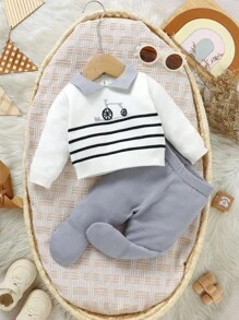 SHEIN 新生婴儿条纹毛衣套装，0-9 个月，休闲时尚风格，黑白灰色，开领，裆部按扣，领子，自行车印花，长袖针织毛衣和裤子 2 件套，柔软舒适，适合日常、外出、旅行、度假、居家、托儿所、儿童玩耍 - 白色 - 查看 4