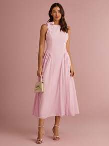Enchnt Summer/Fall Romantic Women's Pastel Pink Bowknot Shoulder Sleeveless Pleated Long Dress - Pink - View 5