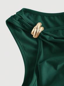 SHEIN MOD Fitted Ruched Metal Buckle Midi Dress, Olive Green - Dark Green - View 3