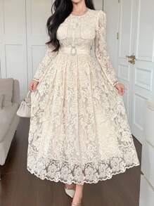 DAZY Đầm ren cao cấp tinh tế thắt eo thêu họa tiết, đầm midi kiểu Hàn Quốc nhẹ nhàng, duyên dáng giúp trẻ trung, thích hợp cho mùa hè dành cho nữ. - Màu be - Xem 5