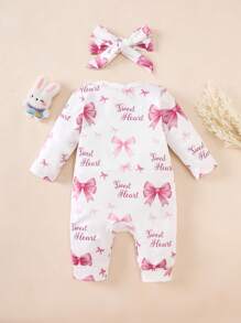 SHEIN Newborn Baby Girl Long Sleeve Romper, Sweet Heat Bow Pattern, Long Sleeve Bodysuit With Headband, Soft And Comfortable Clothing As Gift, Essential For Every Baby, All Season Style, Infant Photography Dress, 100-Day Gift, Cute And Soft Casual Outfit, Newborn 0-9 Months, Suitable For Outdoor And Daily Wear Baby Girl Jumpsuit Newborn Baby Girl Jumpsuit Fall Winter