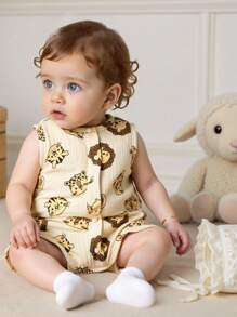 SHEIN 新生儿夏季新款婴儿宝宝纯棉可爱狮子卡通印花连体衣婴儿衣服套装 - 卡其色 - 查看 4