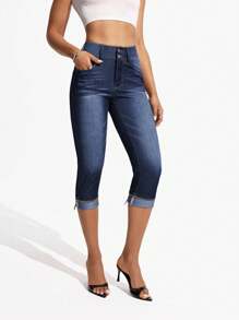 Flexra Quần jean nữ cạp cao, có túi, dáng ôm, kiểu dáng thường ngày, dài đến 3/4, chất liệu denim. - Rửa tối - Xem 6