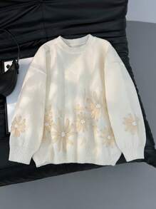 Firerie Plus Size Elegant French Embroidery Color Block Fancy Knitted Pullover Sweater Top For Women Fall/Winter - Beige - View 5