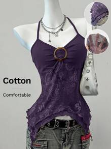 SHEIN EZwear Purple Floral Print Mesh Women's Spaghetti Strap Top - Purple - View 3