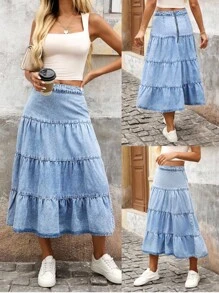 EMERY ROSE Váy Mini Denim Viền Xếp Nếp Thường Ngày Cho Nữ - Rửa trung bình - Xem 1