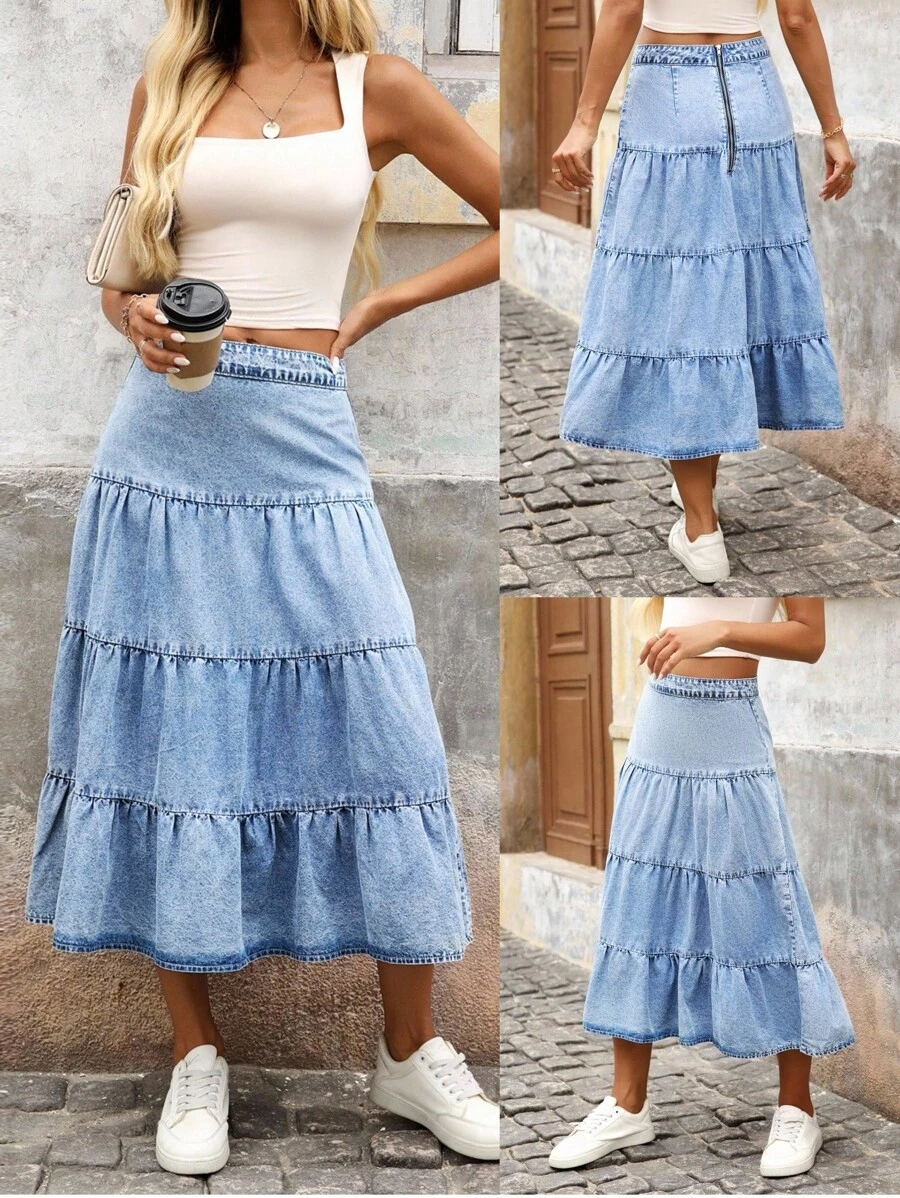 EMERY ROSE Váy Mini Denim Viền Xếp Nếp Thường Ngày Cho Nữ - Rửa trung bình - Xem 1