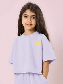 SUMWON 女童夏季套装，梦幻宽松露脐上衣搭配同款短裤，休闲日常街头风童装 - 紫色 - 查看 3