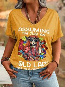 大码时尚女孩休闲 V 领 T 恤，带有黄色花朵图案，假设我只是一位老太太是你的第一个错误图案 T 恤女式上衣 - 綠色 - 查看 3