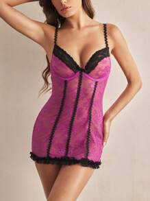 Charlaine Women's Romantic Sexy Sleepwear With Underwire, Princess Seam, Lace Patchwork, Contrast Color, Ruffle Hem, Lace, French/Italian Style - Purple - View 6