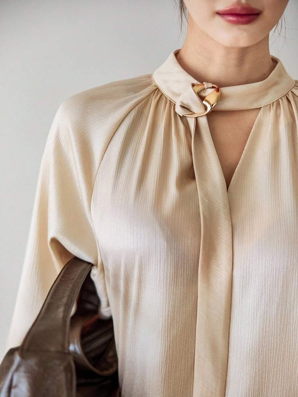 Women's Elegant Long Sleeve Shirt,Beige Autumn Solid Color Casual Office Business Wear With Drawstring Scarf Design For Spring,Summer Women Clothes