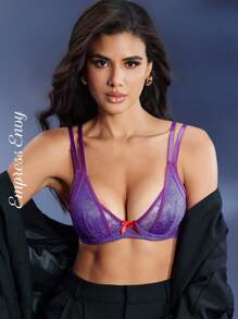 EmpressEnvy Women's Floral Lace Bow Design Fashion Bra Lace Bra Push Up Bra Criss Cross Bra Purple Bra