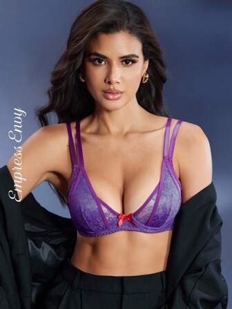 SHEIN Opulent Queen Women's Floral Lace Bow Design Fashion Bra Lace Bra Push Up Bra Criss Cross Bra Purple Bra