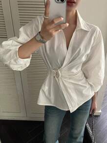 DAZY Áo cánh dài tay cổ xéo ve ôm màu trơn dành cho nữ, thường ngày thanh lịch, mùa thu - trắng - Xem 6