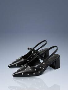 CUCCOO GRLICON Pointed Toe Riveted Women's High Heel Pumps, Y2K Punk Motorcycle Style Outfit - Black - View 1