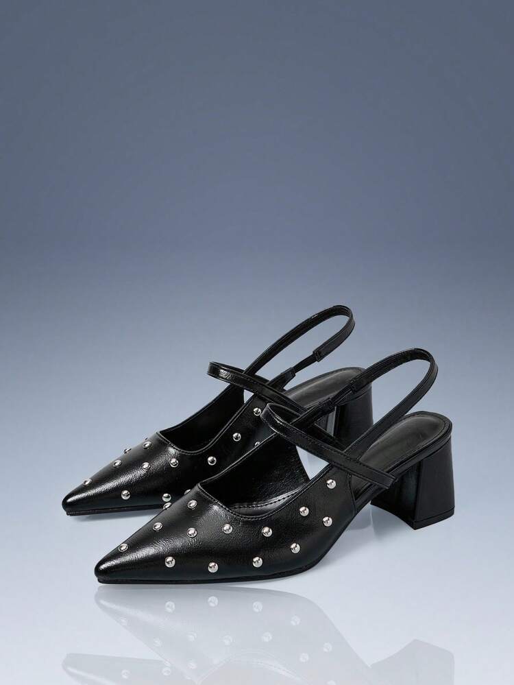 CUCCOO GRLICON Pointed Toe Chunky Heel Rivet Women's High Heel Pumps, Y2K Punk Motorcycle Style Outfit, Suitable For Spring/Summer, Vacation, Travel, 2000's Style