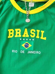 SHEIN 青少年女孩休闲撞色字母和旗帜印花短款修身上衣，适合春夏运动比赛 - 綠色 - 查看 4