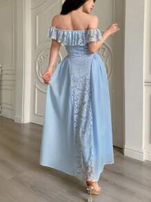 Modelyn Damen Chiffon Kleid mit Spitzeneinsätzen, carmen-Ausschnitt und geschmückter Taille für den Sommer