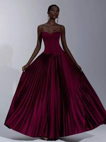 Elitara 优雅酒红色缎面吊带紧身胸衣褶皱 A 字长裙，适合约会、度假、生日、派对、婚礼、学校场合、正式晚宴礼服 - 酒紅色 - 查看 2