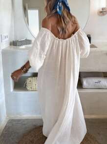 INAWLY Women's Plain Off-Shoulder Lantern Sleeve Loose Long Dress With Frill Trim, Spring Summer Fall Cloth For Women - White - View 1