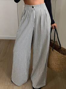 DAZY 女式条纹褶皱高腰阔腿休闲裤 - 黑與白 - 查看 2