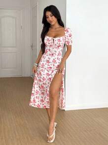 SHEIN Unity Vestido maxi para mujer con estampado floral, abertura alta, casual y de vacaciones, ideal para primavera/verano - Rosa - Ver 3