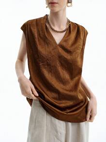Aalyst Áo sơ mi nữ mùa hè không tay cổ chữ V xếp ly rộng rãi sang trọng, thời trang cao cấp, thanh lịch, giản dị - Rỉ Nâu - Xem 4