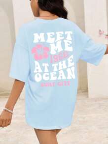 INAWLY 女士夏季短袖休闲海滩花卉印花超大 T 恤，MEET ME 1962 AT THE OCEAN SURF CITY 图案 T 恤女式上衣 - 藍色 - 查看 2