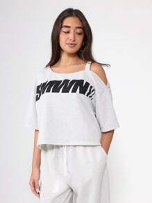 SUMWON One Shoulder Logo T-Shirt Wide Leg Pants Set Streetwear Festival Wear Casual Matching Set Drawstring Waist Loose Fit Autumn Fall - Light Grey - View 4