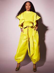Vixey Buttery Yellow Drawstring Waist Solid Taffeta Jogger Pants, Summer, Vacation, Boho - Yellow - View 4