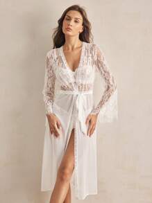 Charlaine Women's French Eyelash Lace & Mesh Diagonal Cut Sleepwear Robe - White - View 2