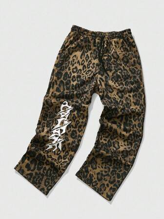 Street Life Unisex Leopard & English Graphic Printed Sweatpants, Street American Style