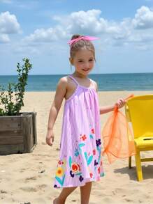 SHEIN 女童下摆印花休闲度假吊带A字连衣裙 儿童夏季连衣裙 女童碎花连衣裙 儿童夏季连衣裙 幼儿女童夏季连衣裙 - 紫色 - 查看 3