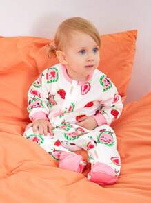 CoComelon X SHEIN 女婴西瓜印花可爱连脚连体睡衣 - 紅白色 - 查看 2