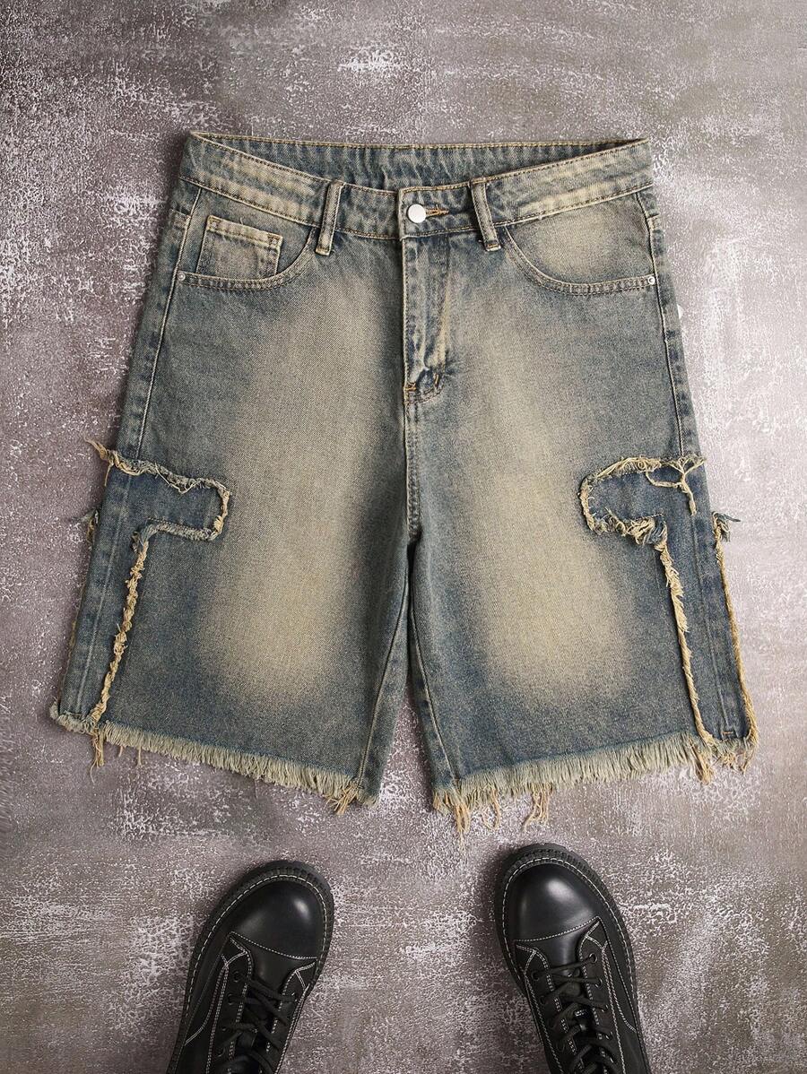 Manfinity ZONE917 Men's Loose Casual Bermuda Distressed Denim Shorts With Pockets Ripped Denim Shorts Men Ripped Denim Shorts - Light Wash - View 1