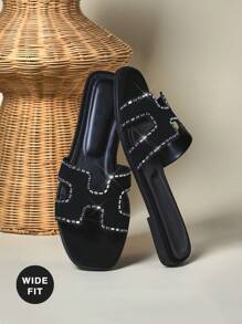 SHUZIA Women Deconstructed Cutout Straps & Frosted Edge Sparkle Nub Black Slides|Cloud Cushion Footbed For Garden Party To Private Viewings - Black - View 2
