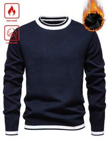 Manfinity Mode Plus Size Men's Striped Crew Neck Long Sleeve Casual Fleece Sweater , Fall Winter - Navy Blue - View 1