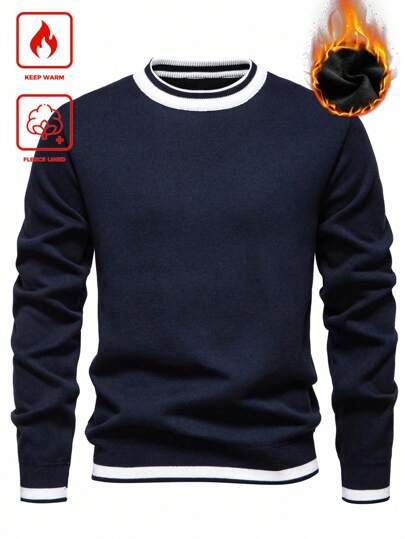 Manfinity Mode Plus Size Men's Striped Crew Neck Long Sleeve Casual Fleece Sweater , Fall Winter