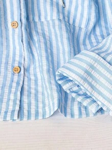 EMERY ROSE Áo sơ mi sọc thanh lịch dành cho nữ, áo nỉ trùm đầu dáng rộng nhẹ cho mùa hè, áo chui đầu thu - Màu xanh lam - Xem 4