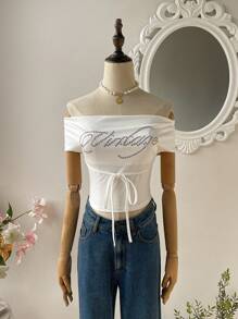 SHEIN MOD Blusa con 2 formas de usar con cristales de strass blancos - Blusa brillante para usar de vacaciones, estilo occidental, look campestre, vacaciones en la playa, estilo bohemio, perfecta para citas, vacaciones, cumpleaños, atuendo festivo y uso en fiestas - Blanco - Ver 6