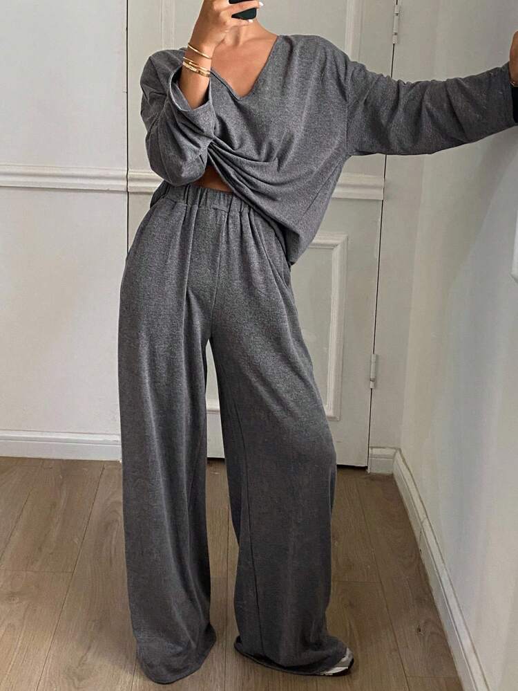 2 Pieces Casual Women Set, V-Neck Loose Long Sleeve Blouse And Straight Leg Loose Pants Lounge Sets For Women