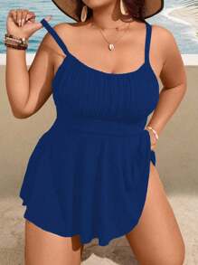 Swim Lushoire Plus Size Women 2pcs/Set Solid Color Spaghetti Strap Minimalist Style Tankini Swimsuit For Summer Beach Vacation - Blue - View 6