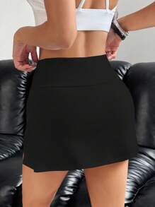 SHEIN EZwear Women's V-Shaped Waistline Side Slit Black Bodycon Mini Skirt