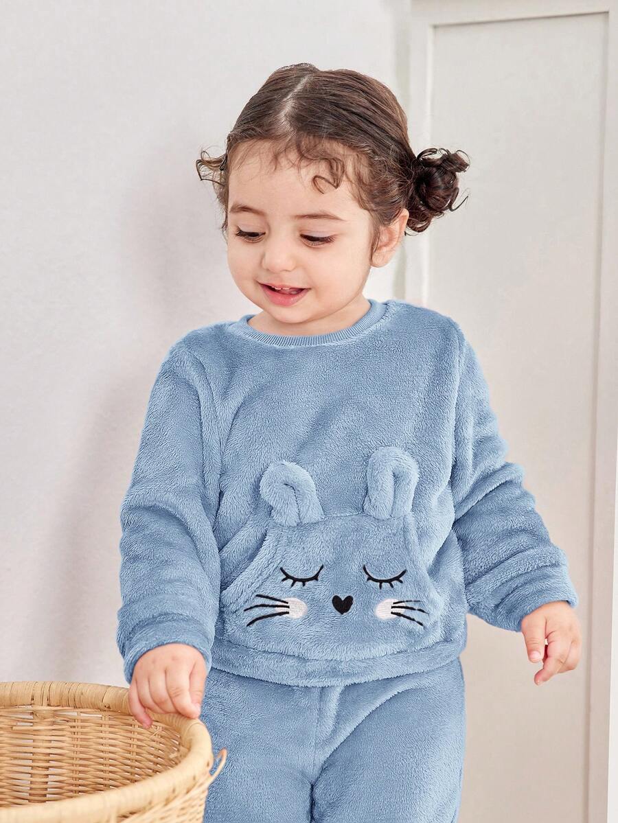 Babygirl Cute Cartoon Pattern Fluffy Long Sleeve Top And Elastic Waist Pants Set, Autumn/Winter Cute Sets Baby Girl Winter Clothes Baby Girls Sets Baby Girl Warm Sets 2 Pieces Winter Clothing Fall - Blue - View 1