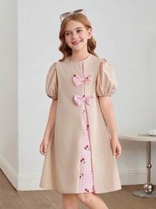 SHEIN Tween Girl Casual Home Loose A-Line Colorblock Patchwork Bow Decor Bubble Short Sleeve Dress - Baby Pink - View 5