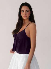 Almamuse 女式纯色前系带褶饰吊带背心 - 紫色 - 查看 6
