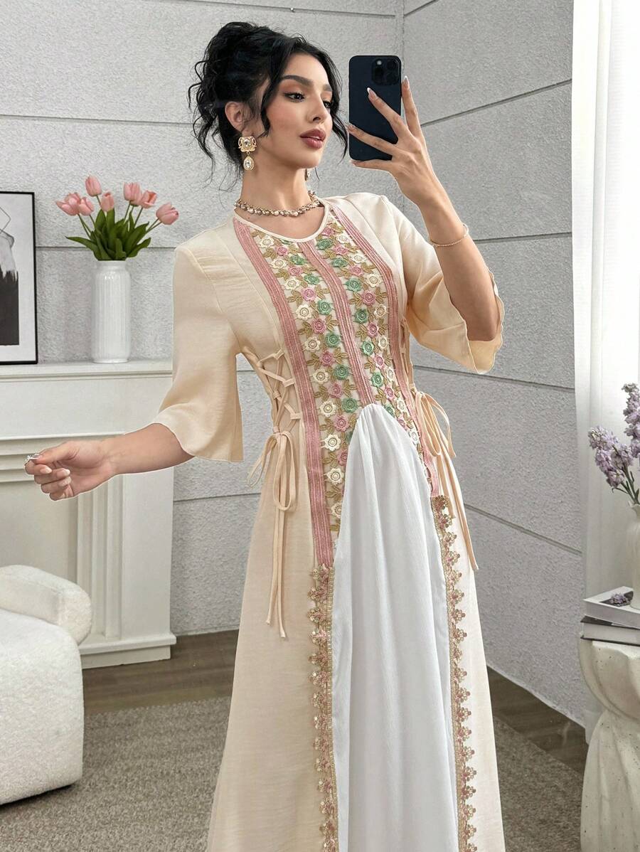 SHEIN Najma Color Blocked Embroidery Trim Lace Up Short Sleeve Dress For Women - Multicolor - View 1