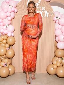 Loomaby Maternity Floral Print Round Neck Ruffle Long Sleeve Fitted Elegant Dress Gender Reveal Dress Maternity Dress Baby Shower Dress Pregnancy Photoshoot Dress Pink And Orange Dress Baby Shower Guest Outfit Maternity Photoshoot Dress - Multicolor - View 4